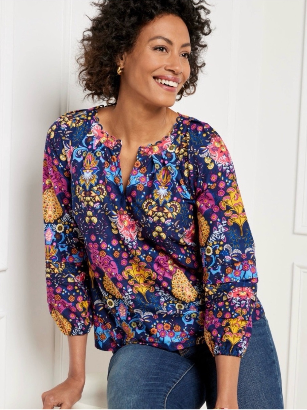 Talbots Pleated Sleeve Poplin Top Blue Floral Medallion V Neck L